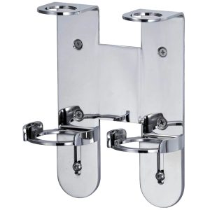 Chrome double wall bracket for two 300ml soap bottles, shown at an angle
