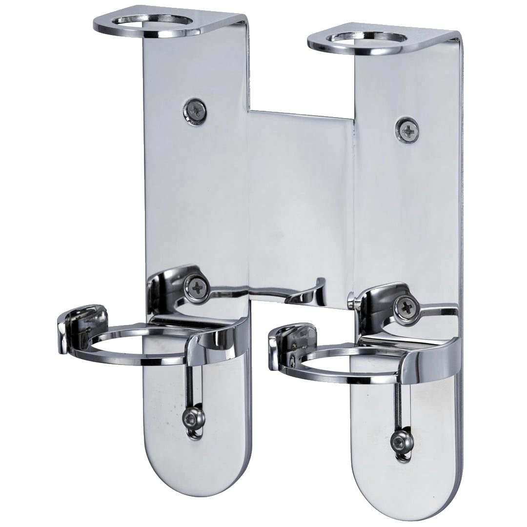 Chrome double wall bracket for two 300ml soap bottles, shown at an angle