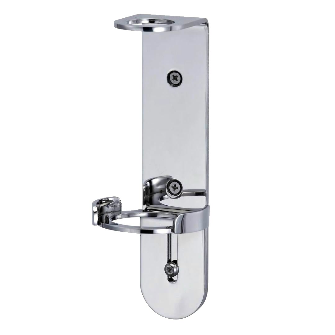 Chrome single wall bracket for a 300ml soap bottle, shown at an angle